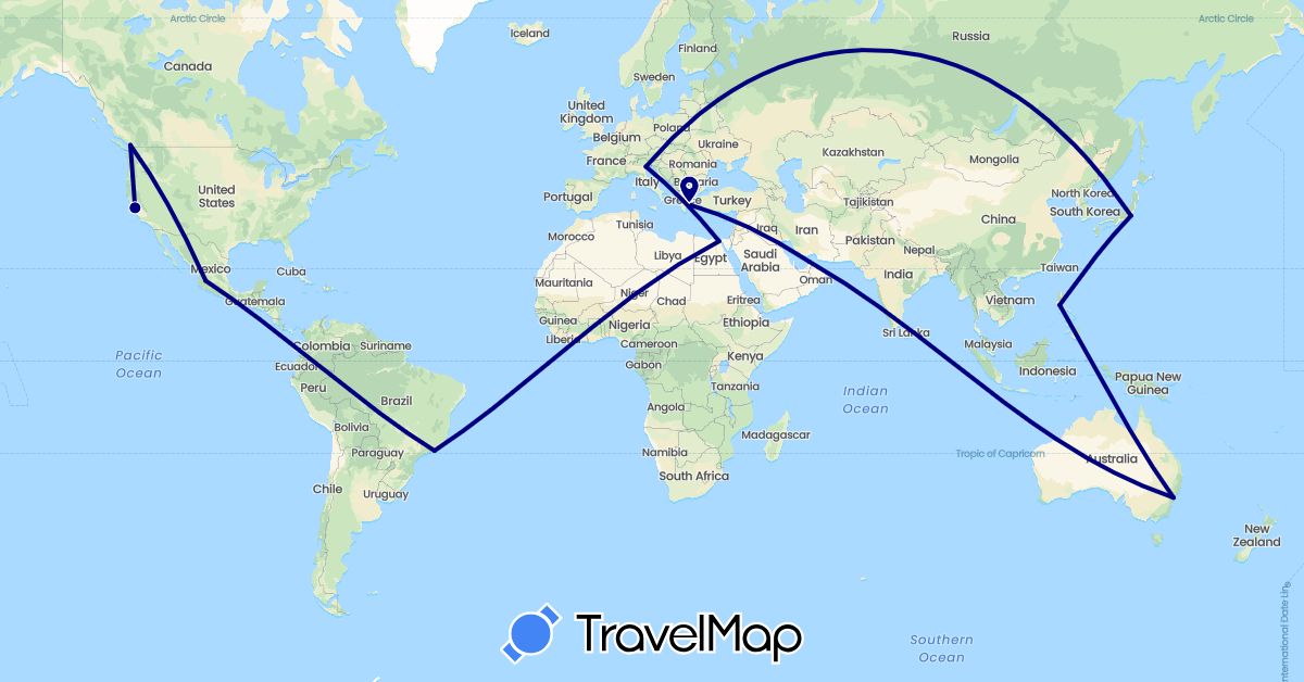 TravelMap itinerary: driving in United Arab Emirates, Australia, Brazil, Canada, Egypt, Greece, Italy, Japan, Mexico, Philippines, United States (Africa, Asia, Europe, North America, Oceania, South America)